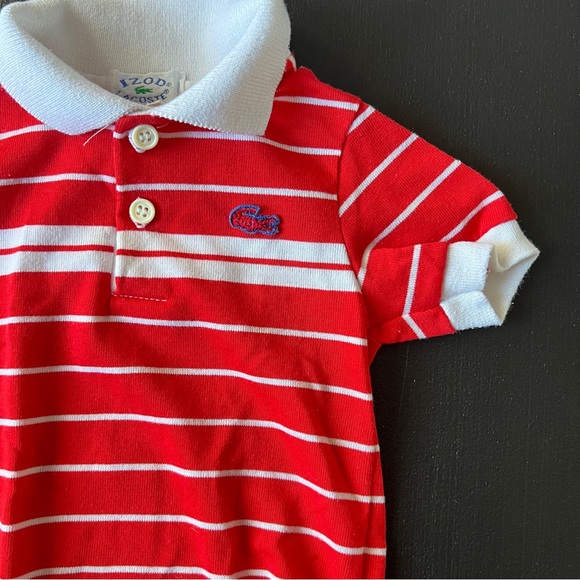 Vintage Izod Lacoste Striped Polo Onesie Red White Snap Button Size 12 Months - Picture 4 of 7